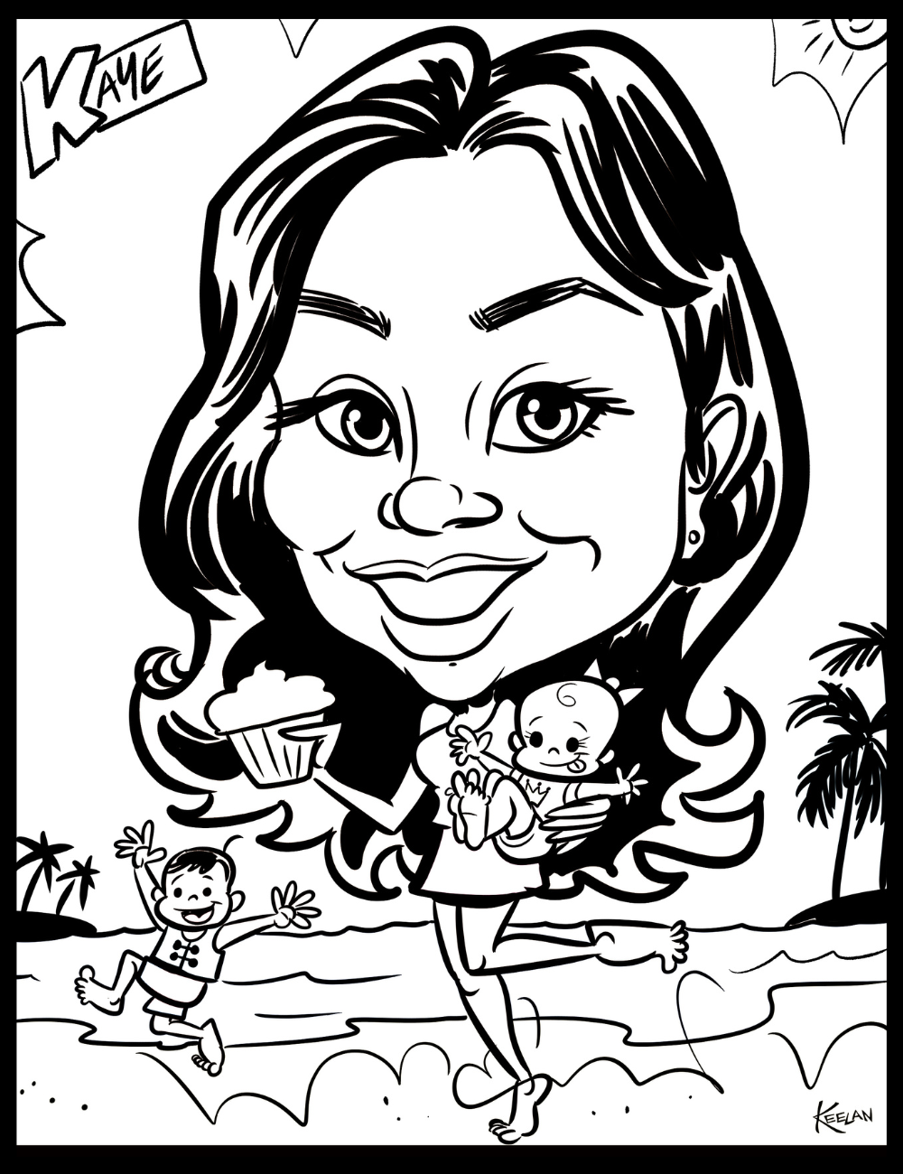 Black and white caricature of a woman with beach-themed elements and 'Kaye' signature.