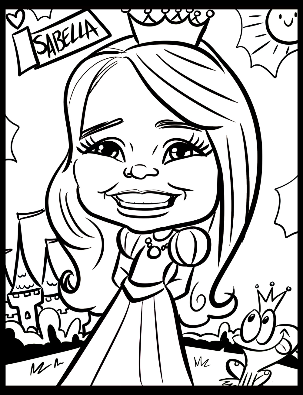 Black and white illustration of a princess character with a crown and castle in the background.