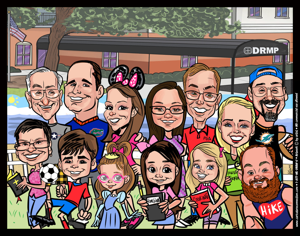 Cartoon caricature of a group of people in front of a building with 'DRMP' on the sign.