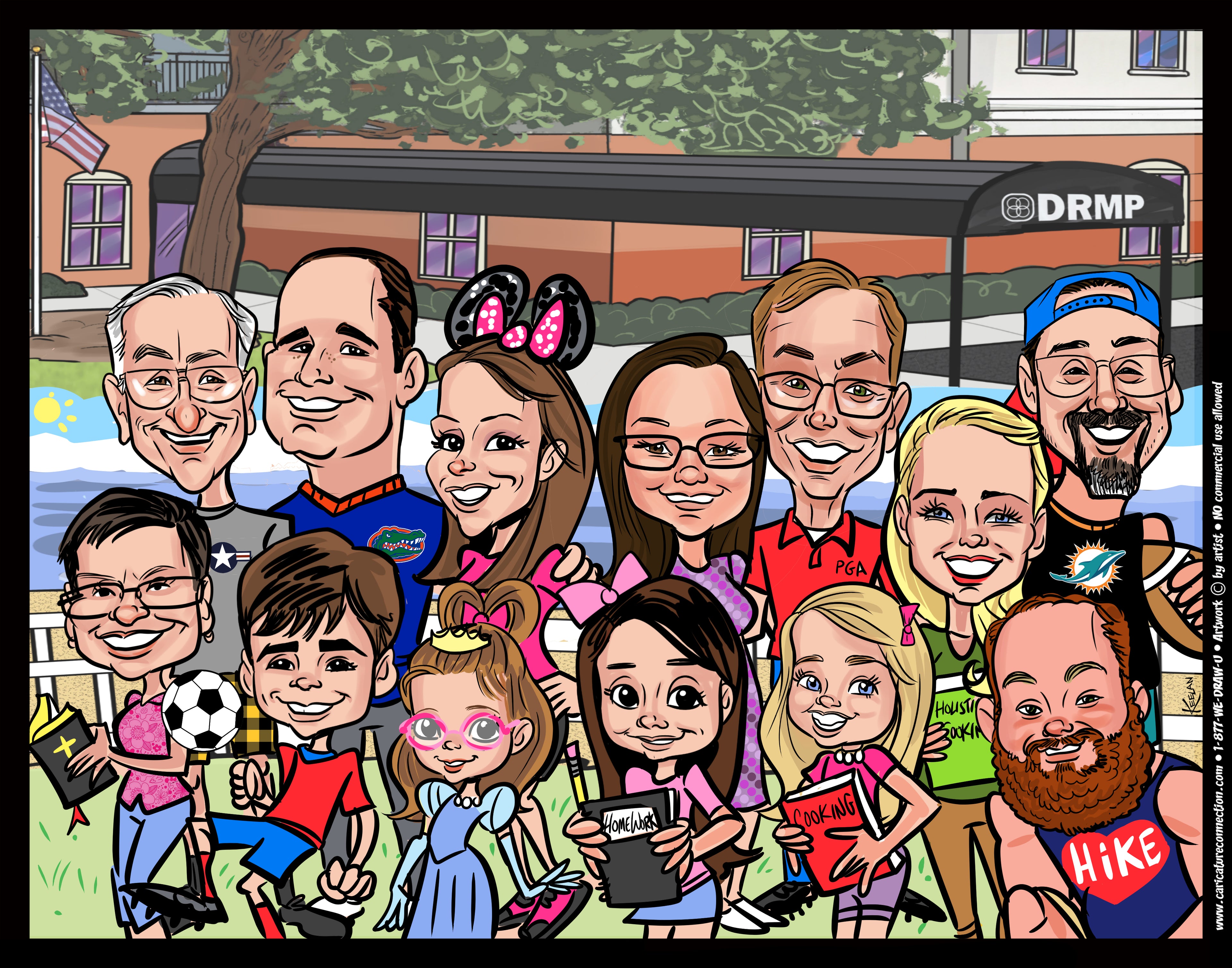 Cartoon caricature of a group of people in front of a building with 'DRMP' on the sign.