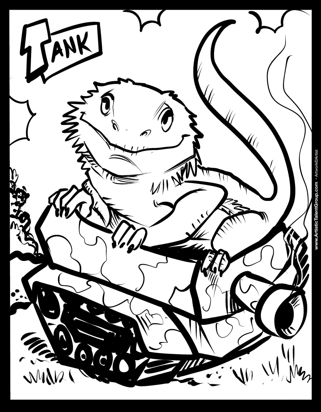 Lizard riding a tank with 'Tank' text above, black and white coloring page.