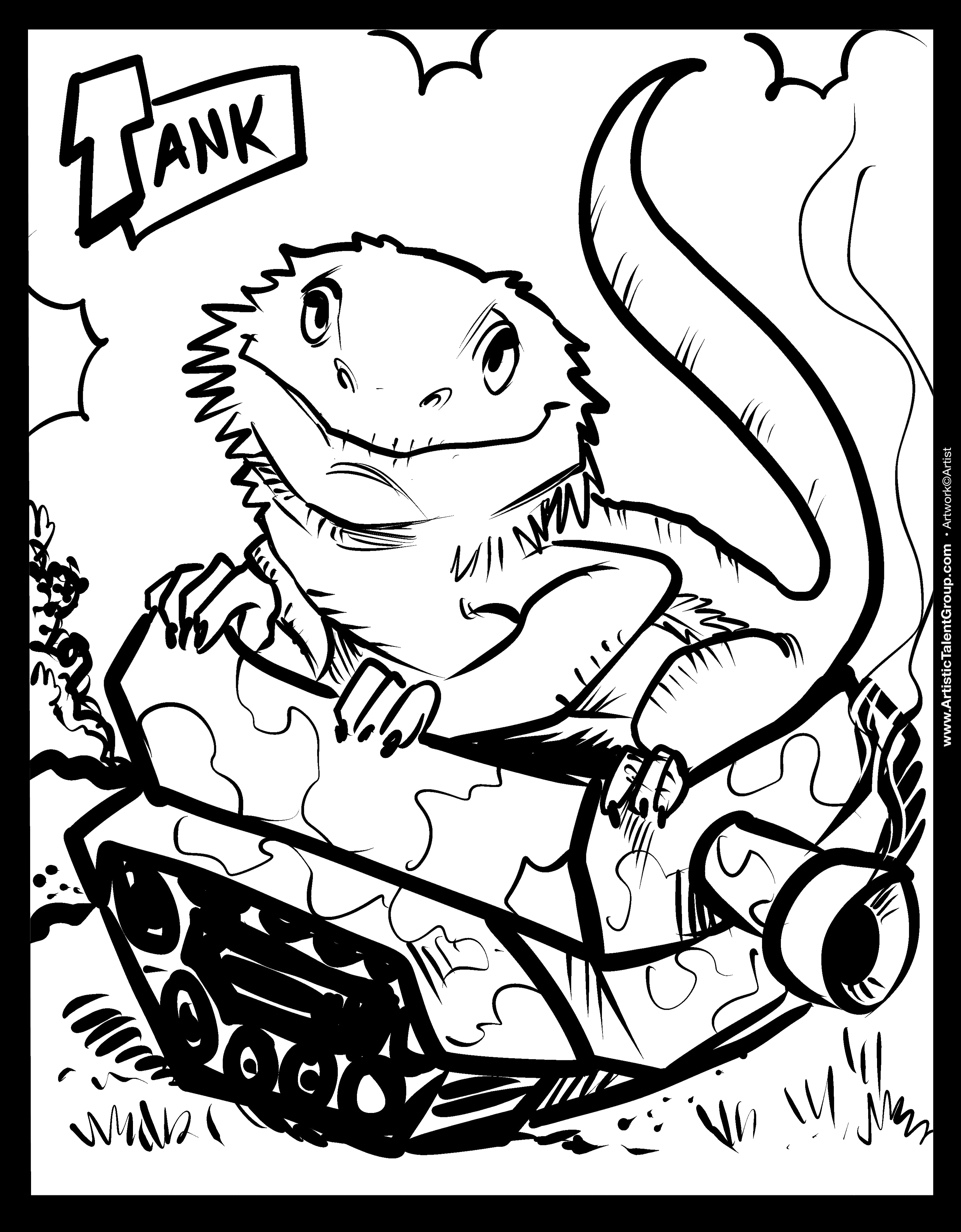 Lizard riding a tank with 'Tank' text above, black and white coloring page.