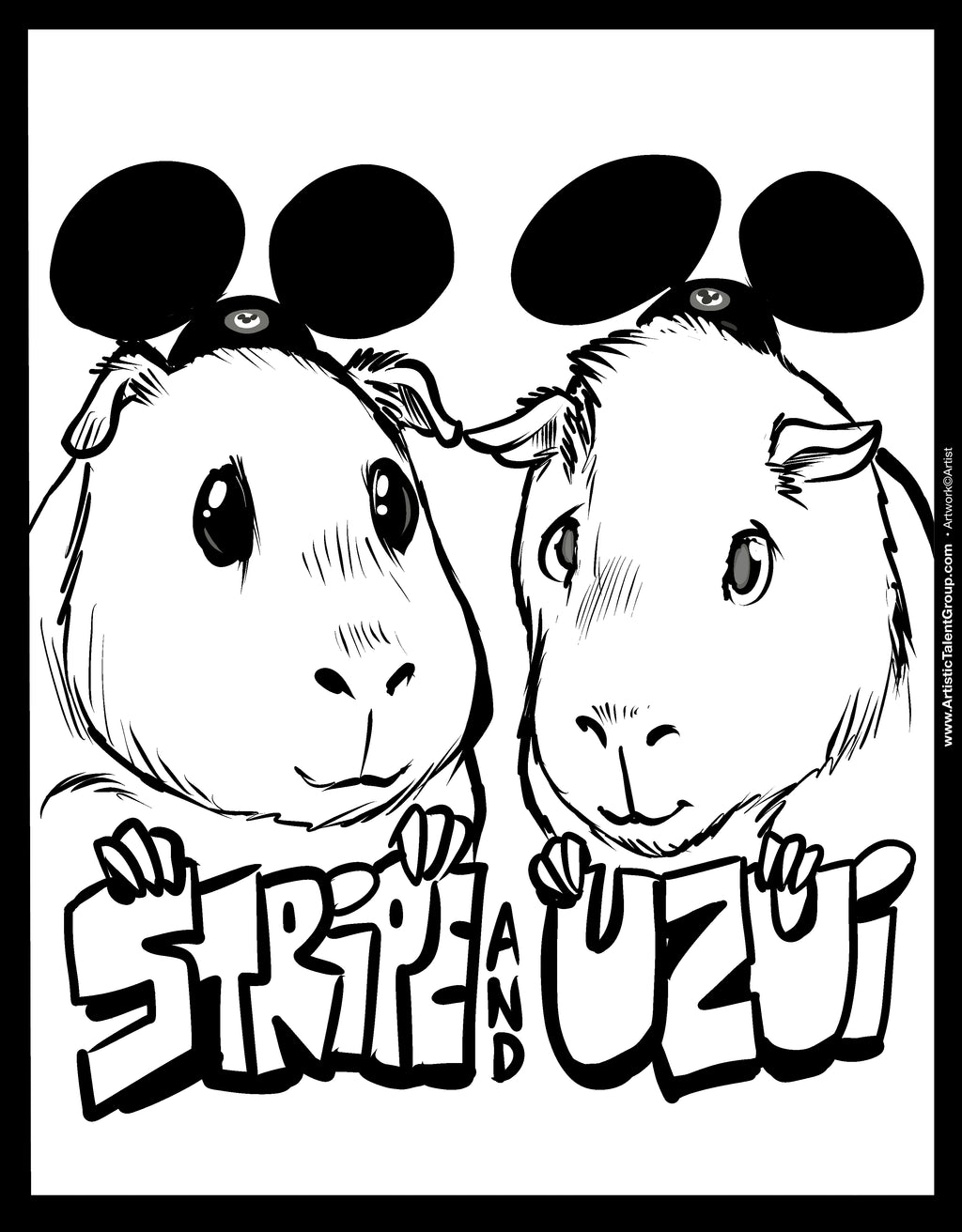 Cartoon guinea pigs with goggles and the text 'Stripe and Uzui' on a white background.