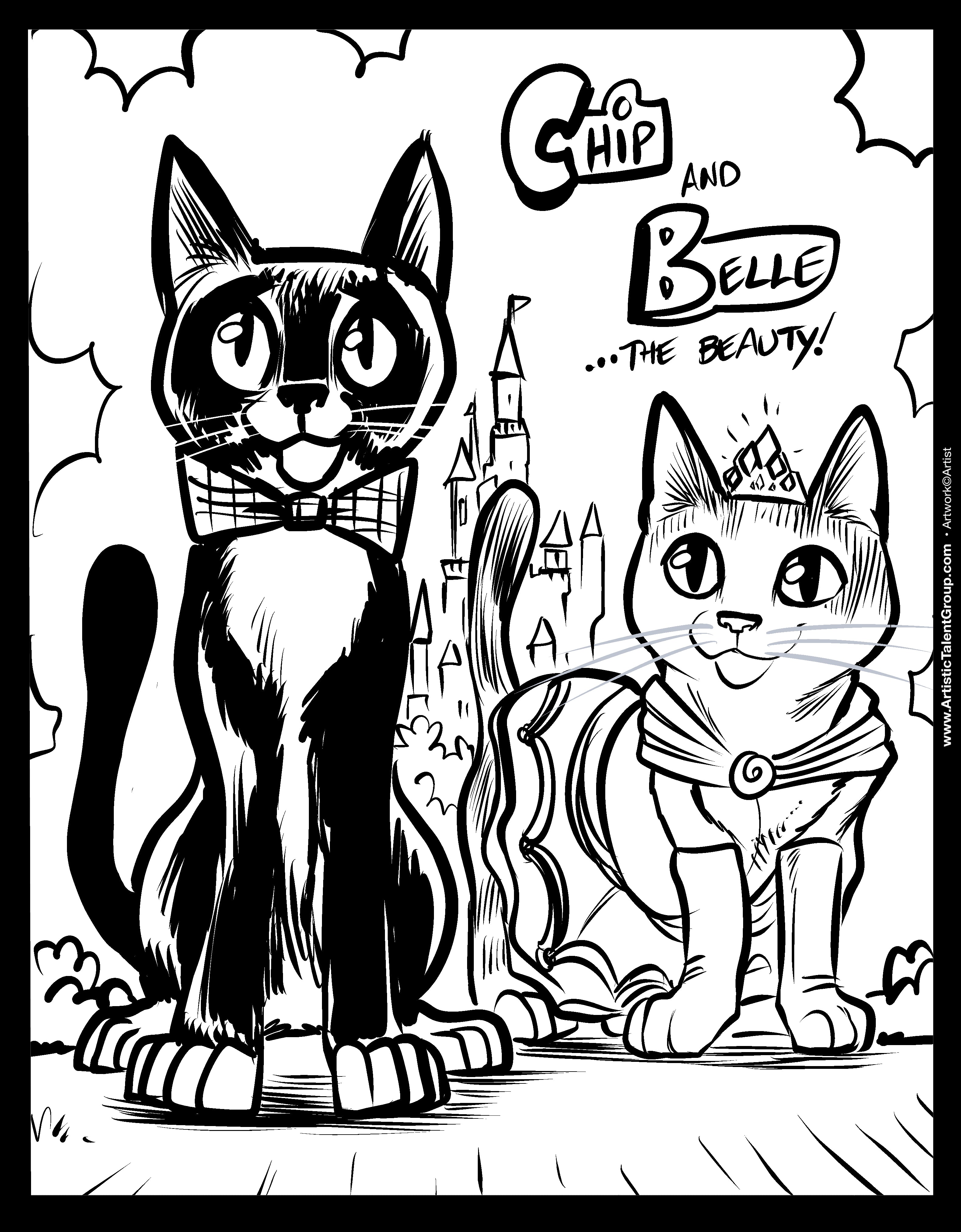 Black and white illustration of two cats, Chip and Belle, with a castle in the background.