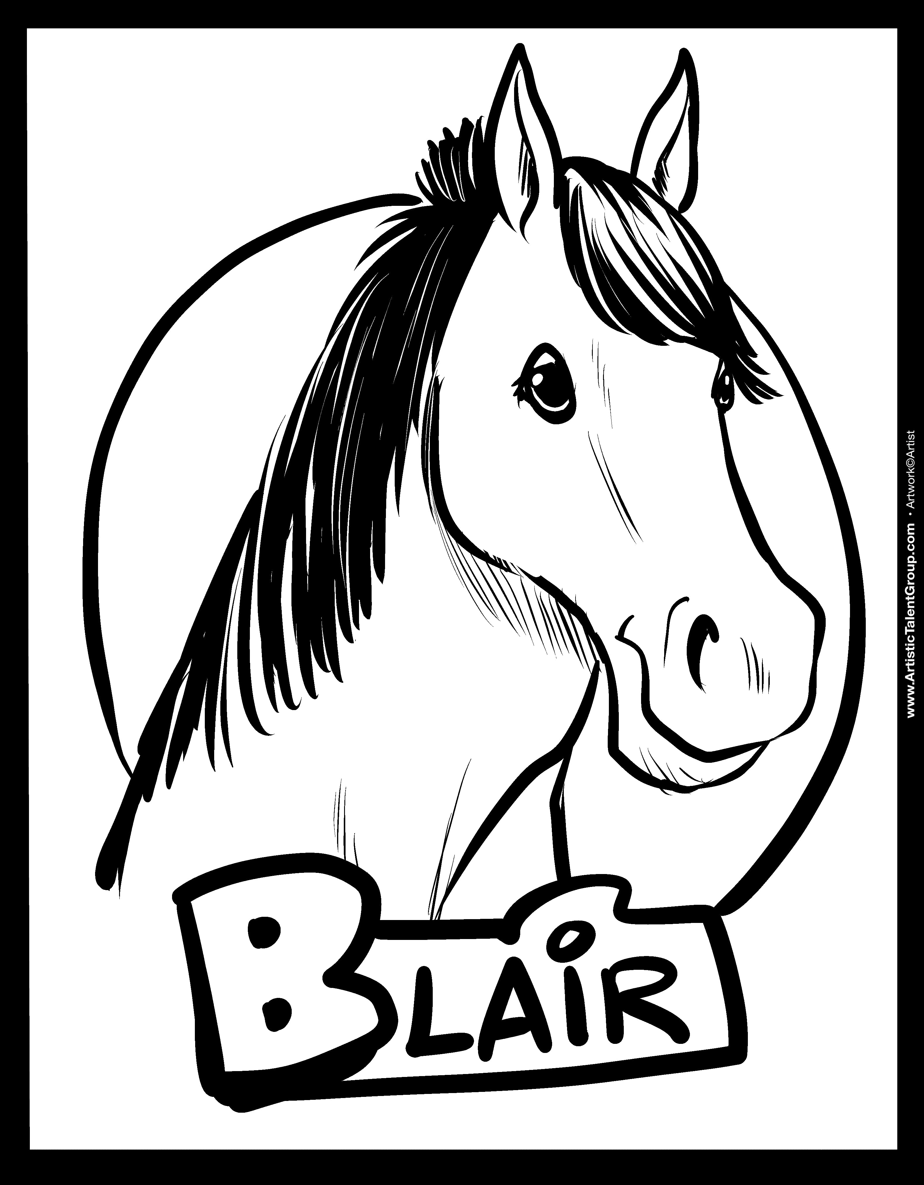 Black and white illustration of a horse's head with 'Blair' below on a white background