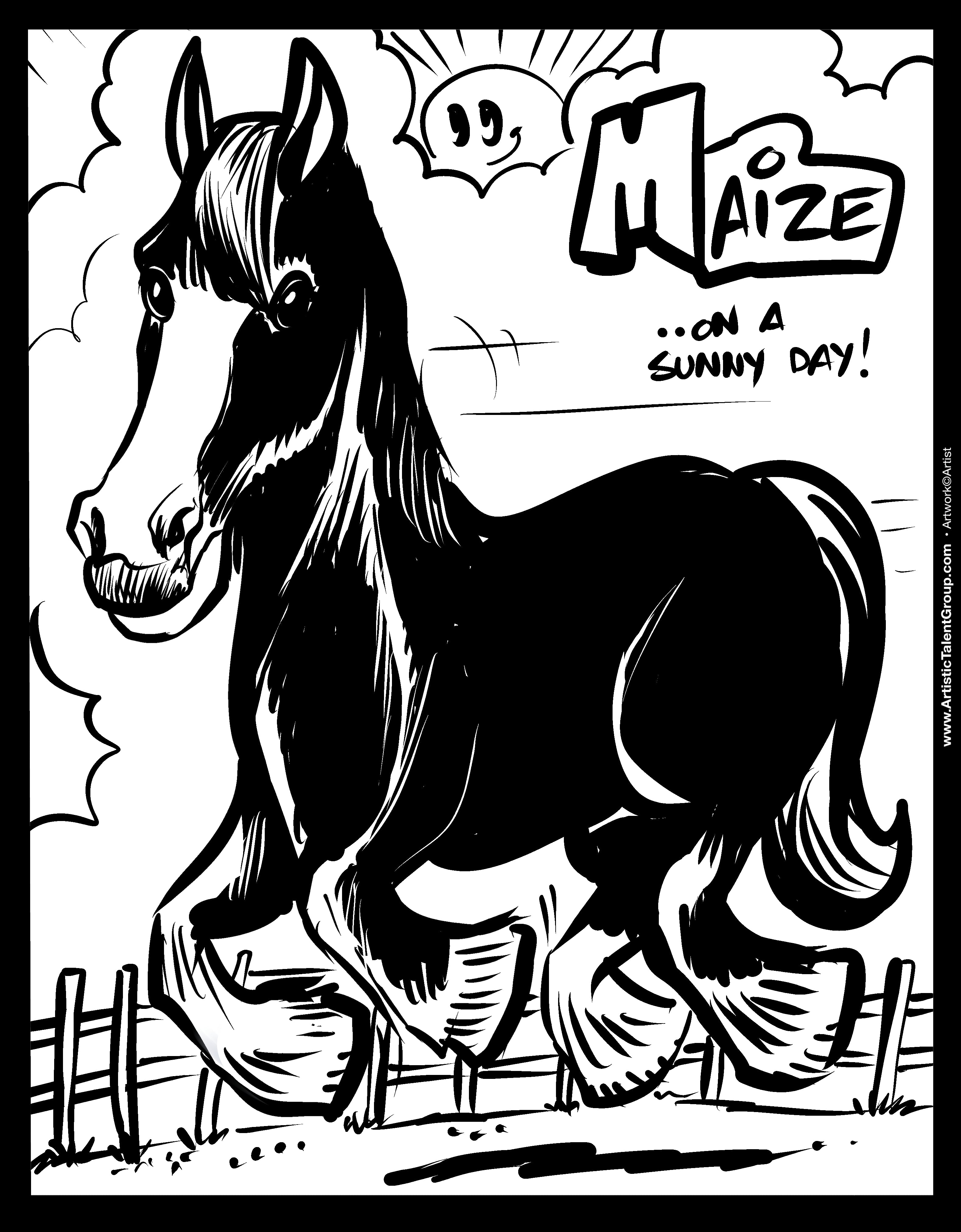 Black and white illustration of a horse with 'Maize' on a sunny day text