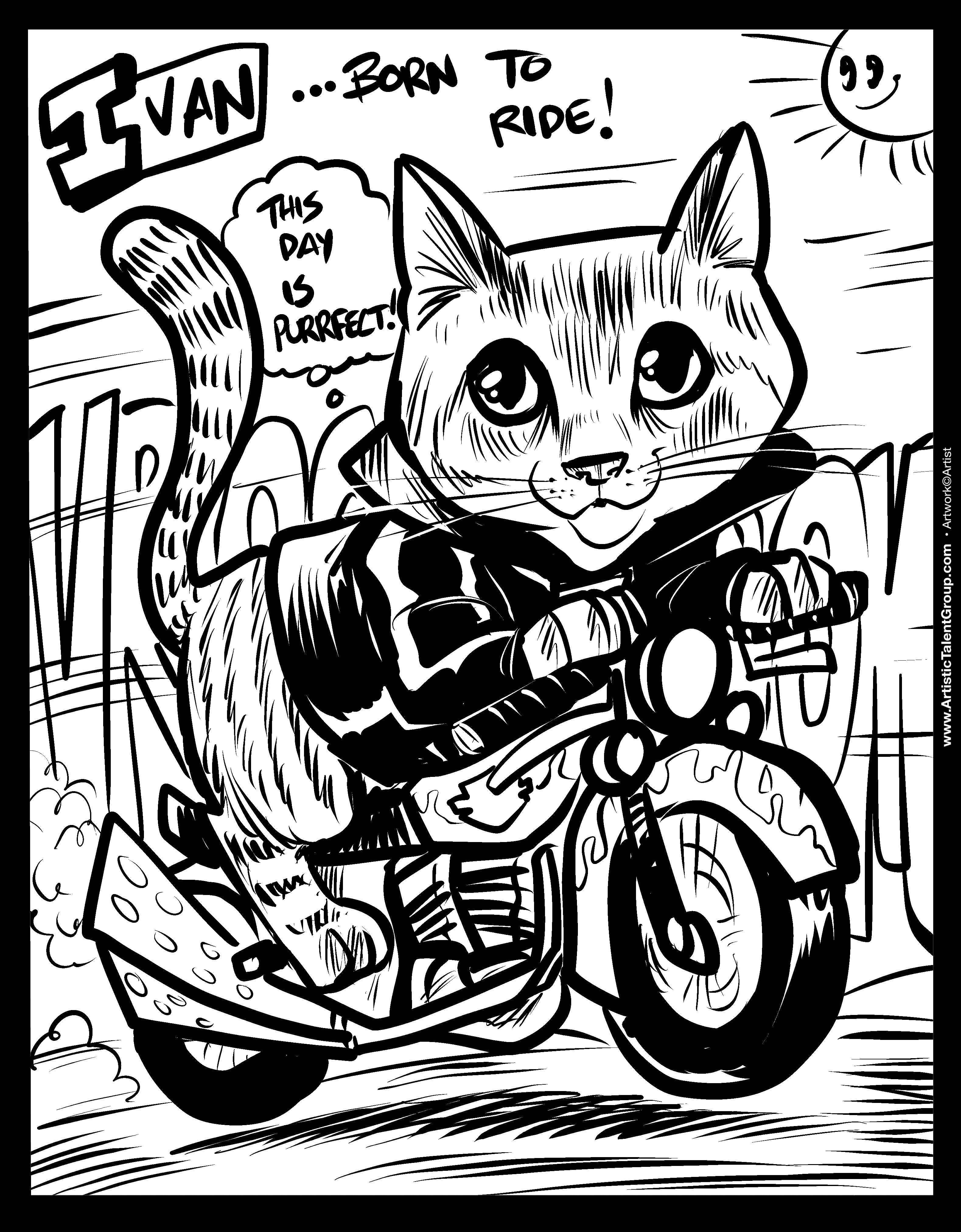 Cartoon cat riding a motorcycle with text 'Born to Ride' and 'This day is purrrect!' on a black and white background.