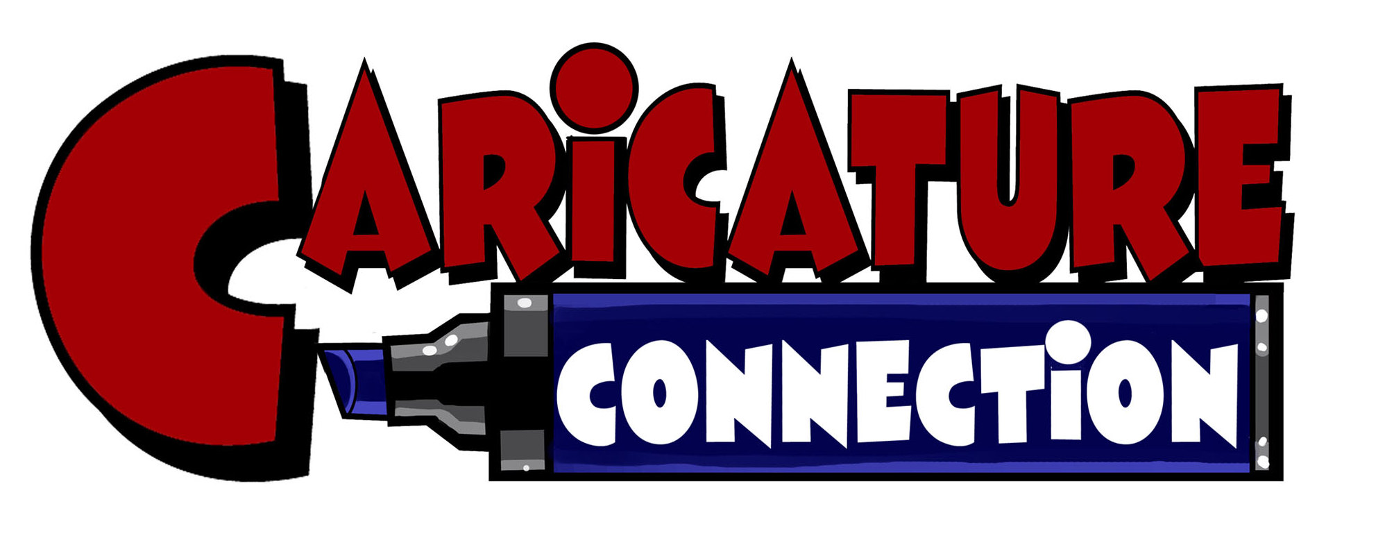 Logo of Caricature Connection with a stylized pen design.