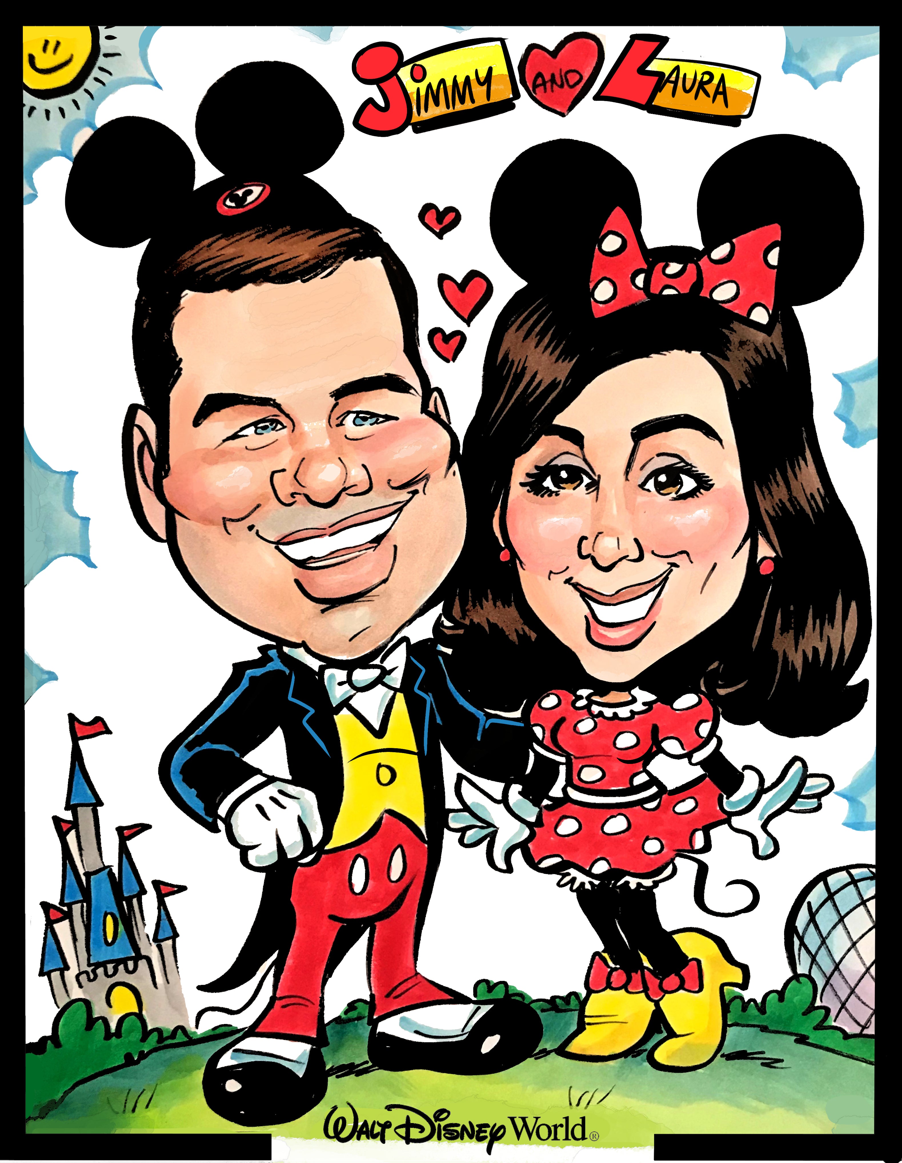 Cartoon caricature of a couple with Mickey and Minnie Mouse ears, standing in front of a castle with 'Walt Disney World' text.