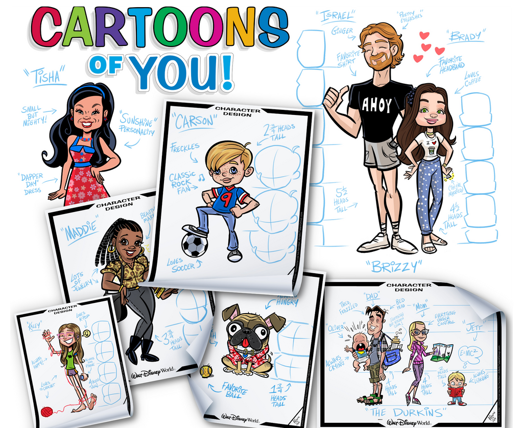 Cartoon character designs on a white background with colorful text 'Cartoons of You!'.