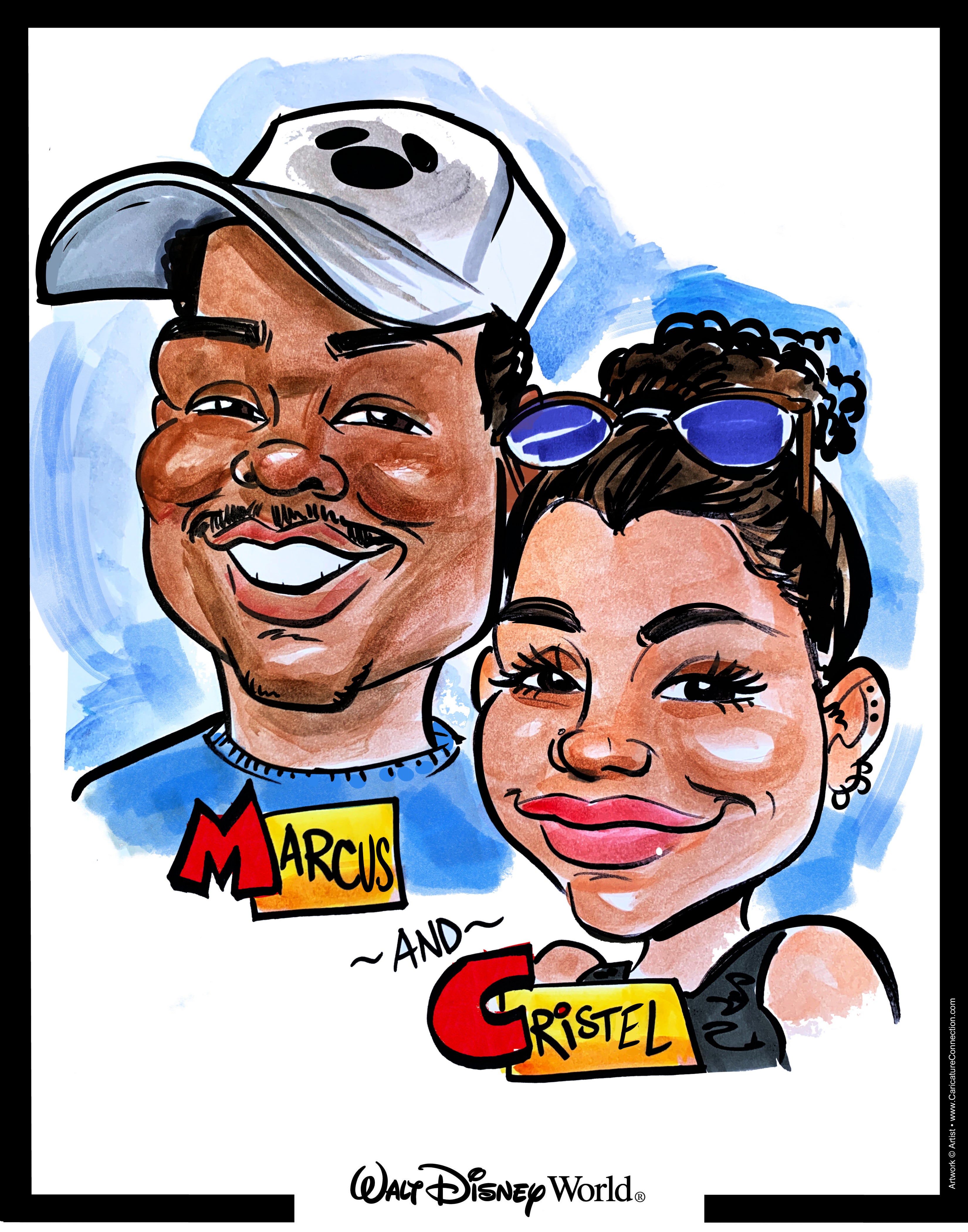 Caricature of a man and woman with 'Marcus' and 'Cristel' text, set against a blue watercolor background.
