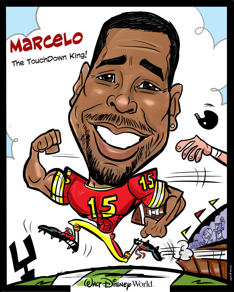Cartoon caricature of a sports player with 'Marcelo The TouchDown King!' text, featuring a red jersey with number 15, on a white background.