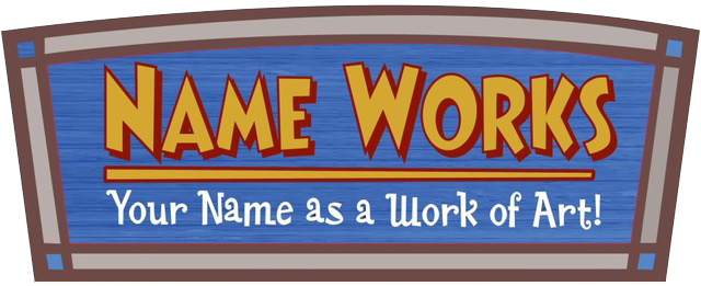 Decorative sign with 'NAME WORKS' text on a blue background