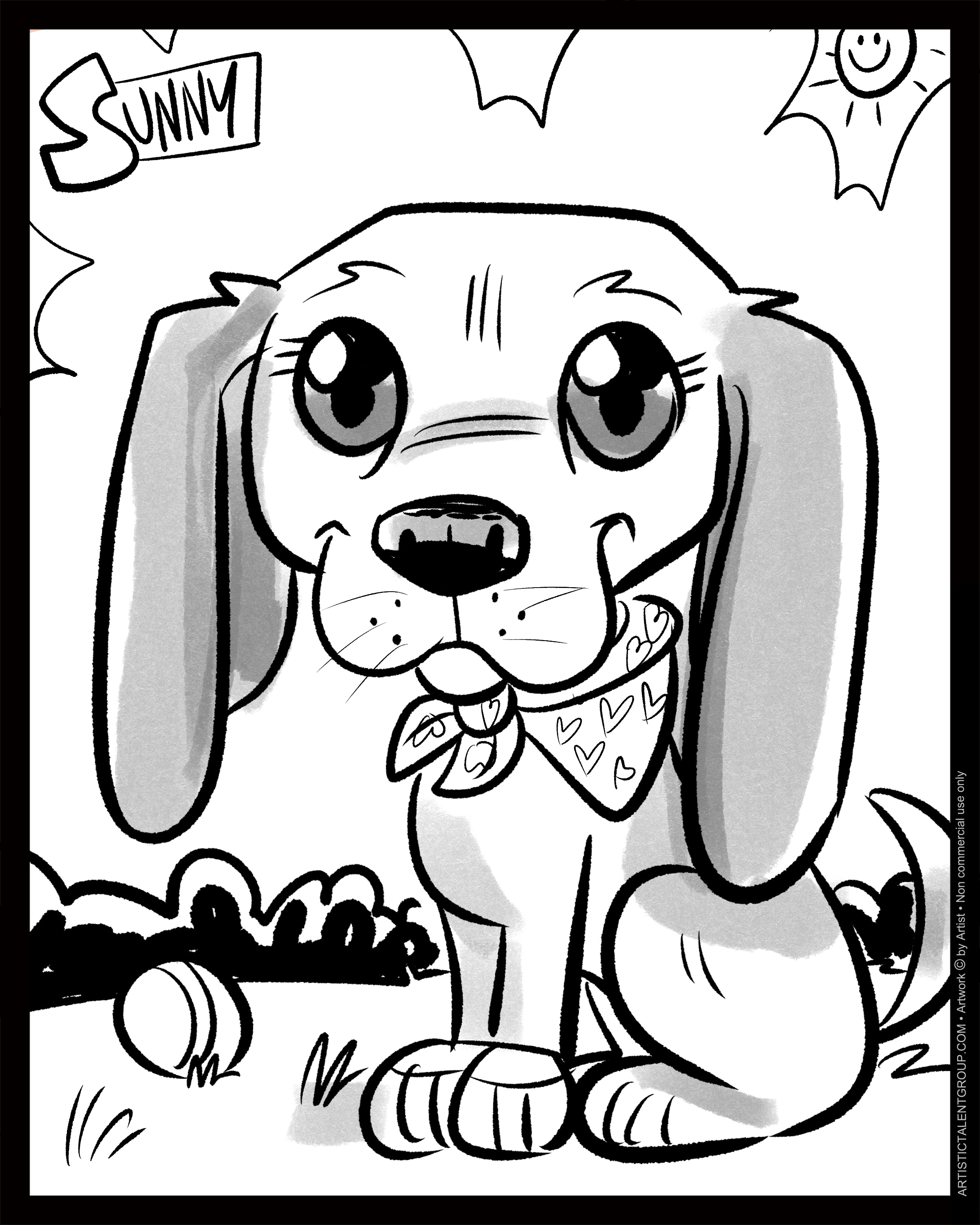 Cartoon dog with a bandana sitting on grass.