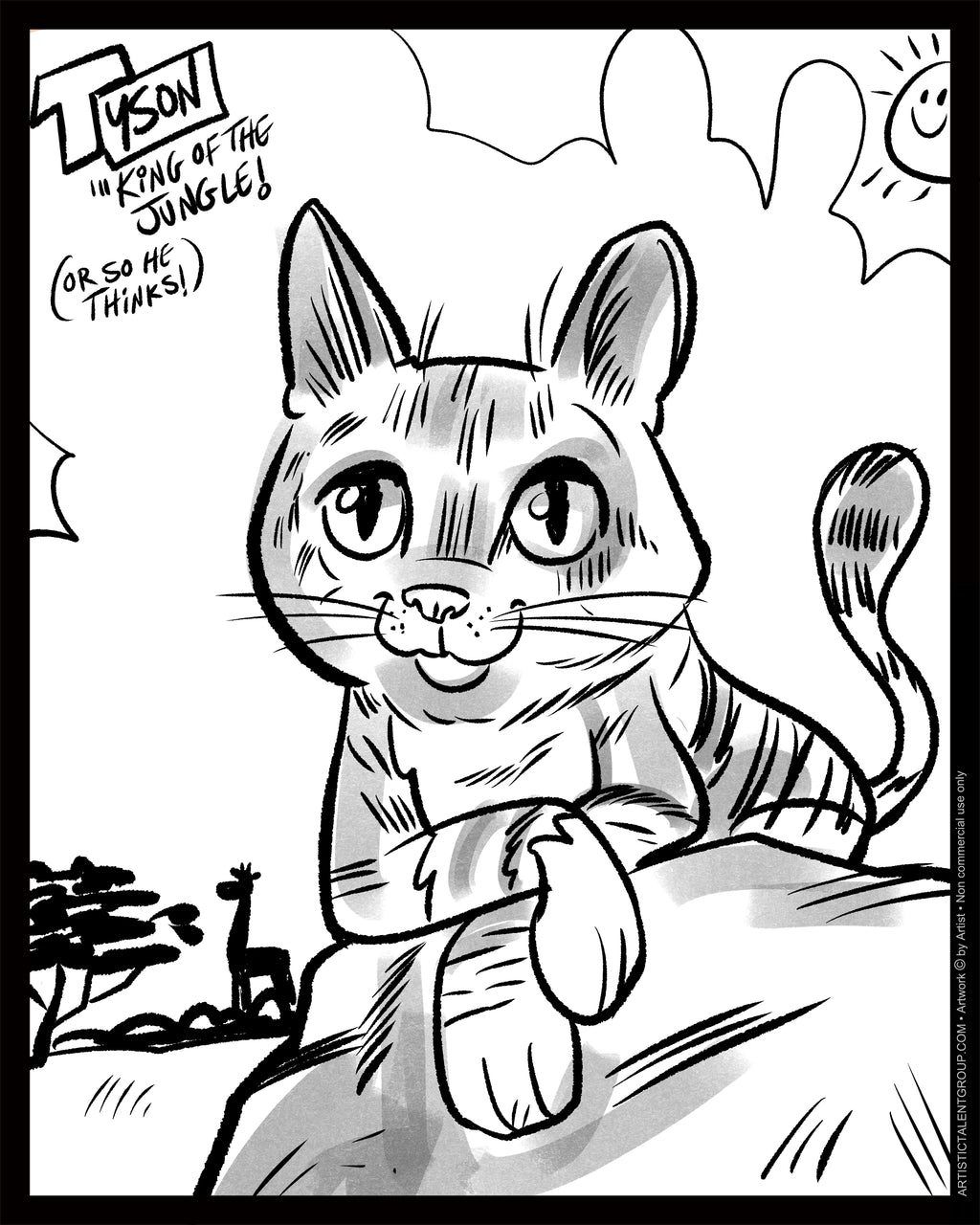 Cartoon cat sitting on a branch with jungle scenery in the background