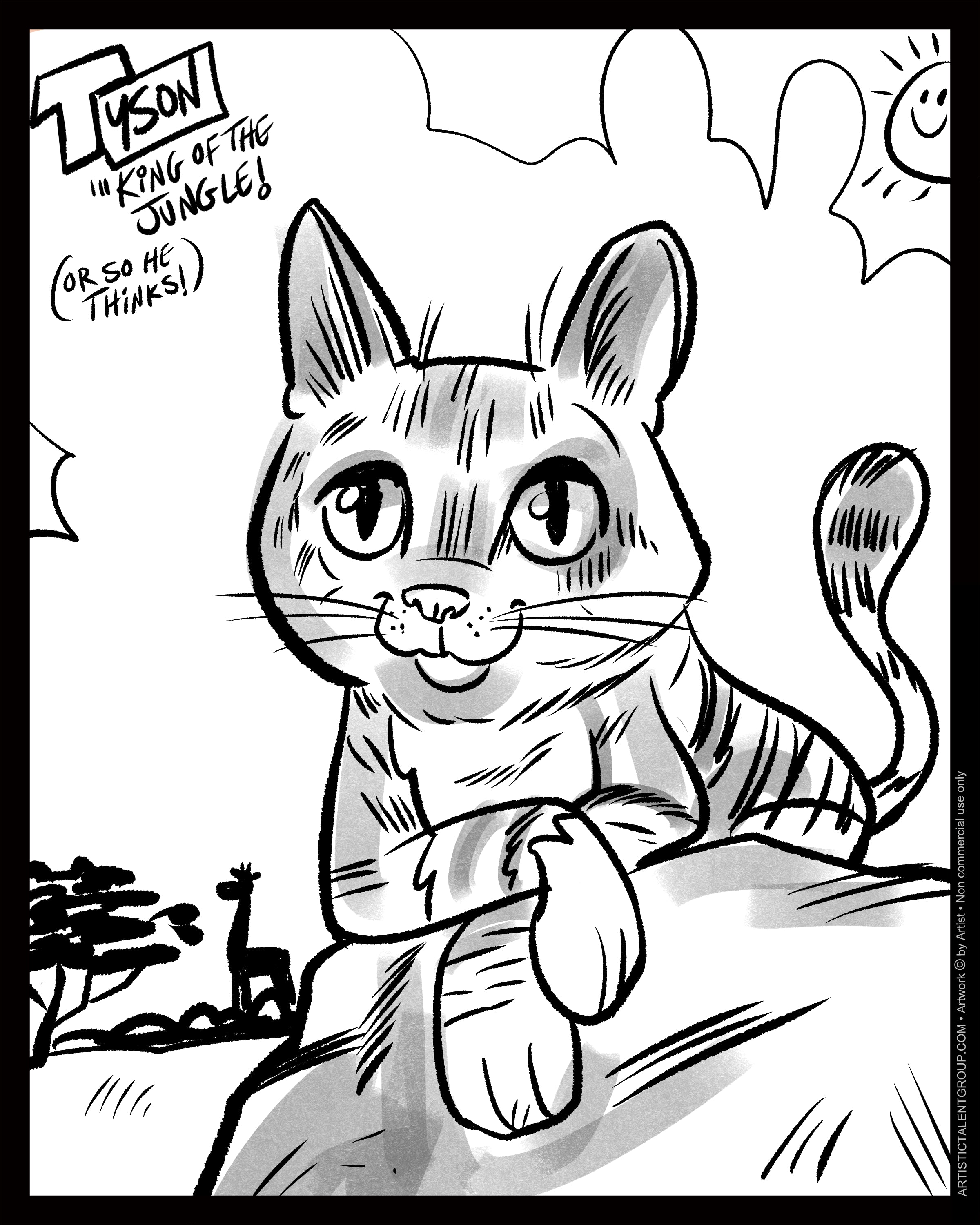 Cartoon cat sitting on a branch with jungle scenery in the background