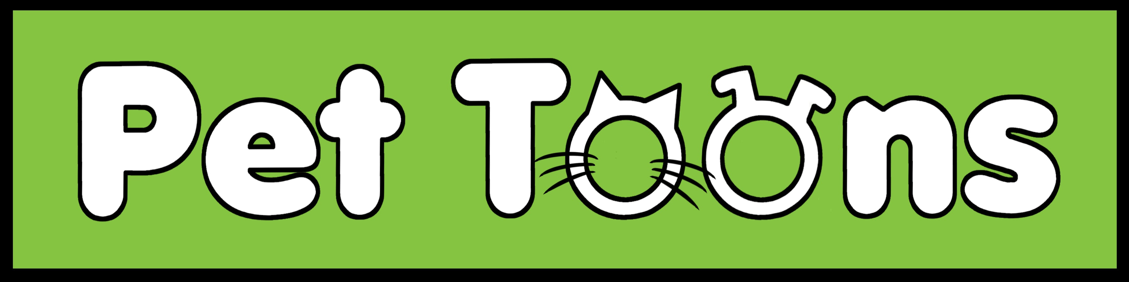 Green banner with 'Pet Toons' text and cat and dog icons on a green background
