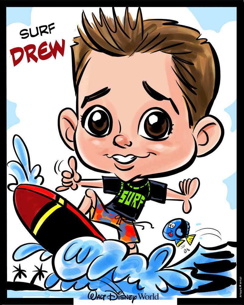 Cartoon character with a surfboard and fish, wearing a 'Surf Drew' shirt, with 'Surf Drew' text above.