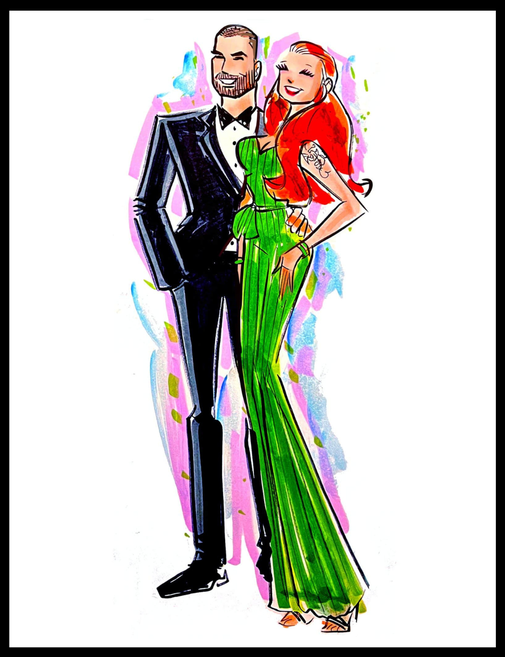 Illustration of a man in a black suit and a woman in a red top and green dress against a colorful abstract background.